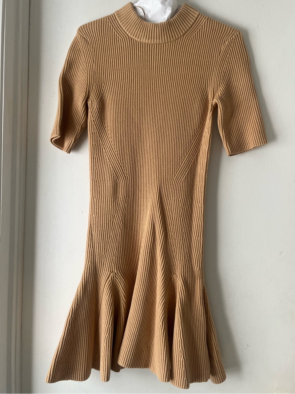 Reiss Ribbed Knit Flare Dress in Camel